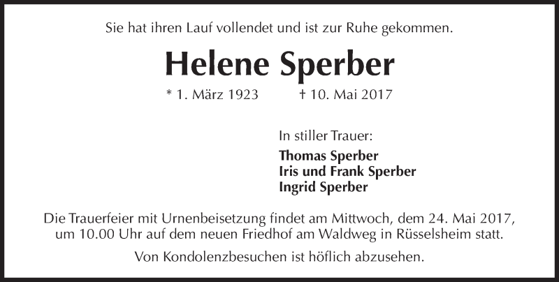  Traueranzeige für Helene Sperber vom 19.05.2017 aus Trauerportal Rhein Main Presse
