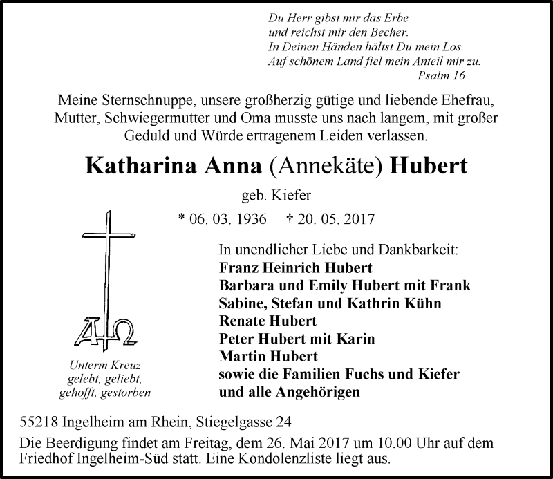  Traueranzeige für Katharina Anna Hubert vom 23.05.2017 aus Trauerportal Rhein Main Presse