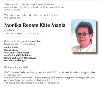 Traueranzeige von Monika Renate Käte Mania von  Kreisanzeiger