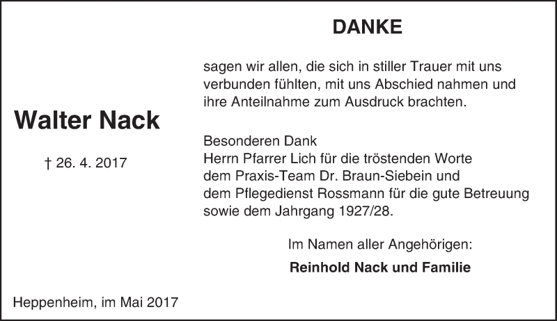  Traueranzeige für Walter Nack vom 17.05.2017 aus Trauerportal Echo Online