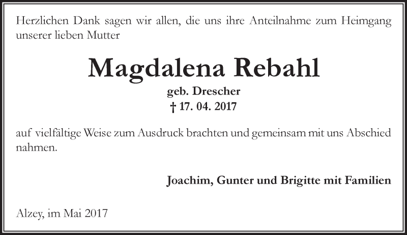  Traueranzeige für Magdalena Rebahl vom 13.05.2017 aus Trauerportal Rhein Main Presse
