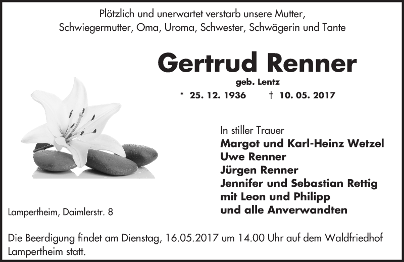  Traueranzeige für Gertrud Renner vom 13.05.2017 aus Trauerportal Echo Online