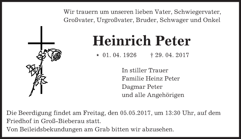  Traueranzeige für Heinrich Peter vom 04.05.2017 aus Trauerportal Echo Online