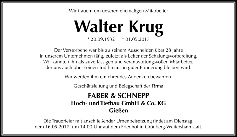  Traueranzeige für Walter Krug vom 13.05.2017 aus  Gießener Anzeiger