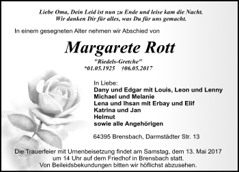 Traueranzeige von Margarete Rott von Trauerportal Echo Online