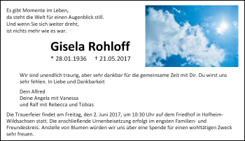 Traueranzeige von Gisela Rohloff von Trauerportal Rhein Main Presse