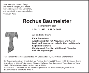 Traueranzeige von Rochus Baumeister von Trauerportal Rhein Main Presse