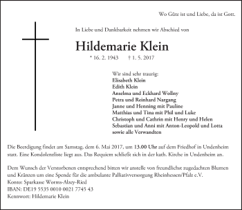 Traueranzeige von Hildemarie Klein von Trauerportal Rhein Main Presse