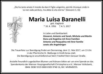 Traueranzeige von Maria Luisa Baranelli von Trauerportal Echo Online