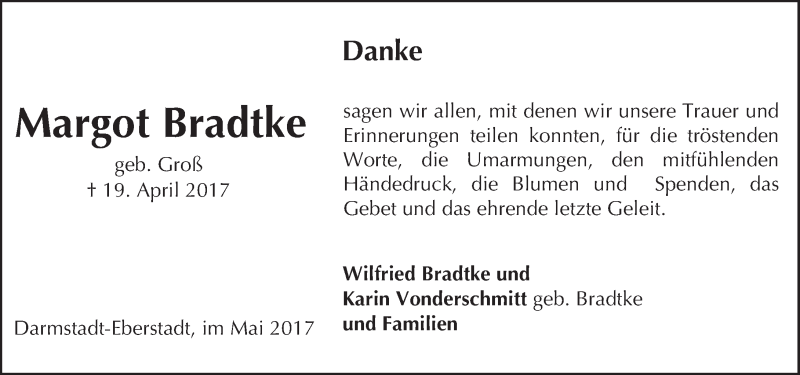  Traueranzeige für Margot Bradtke vom 13.05.2017 aus Trauerportal Echo Online