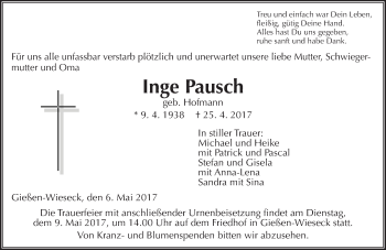 Traueranzeige von Inge Pausch von  Gießener Anzeiger