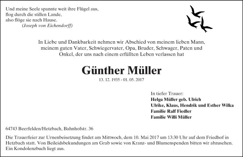  Traueranzeige für Günther Müller vom 08.05.2017 aus Trauerportal Echo Online