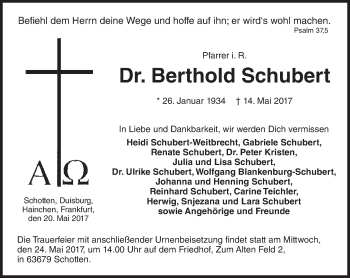 Traueranzeige von Berthold Schubert von  Kreisanzeiger