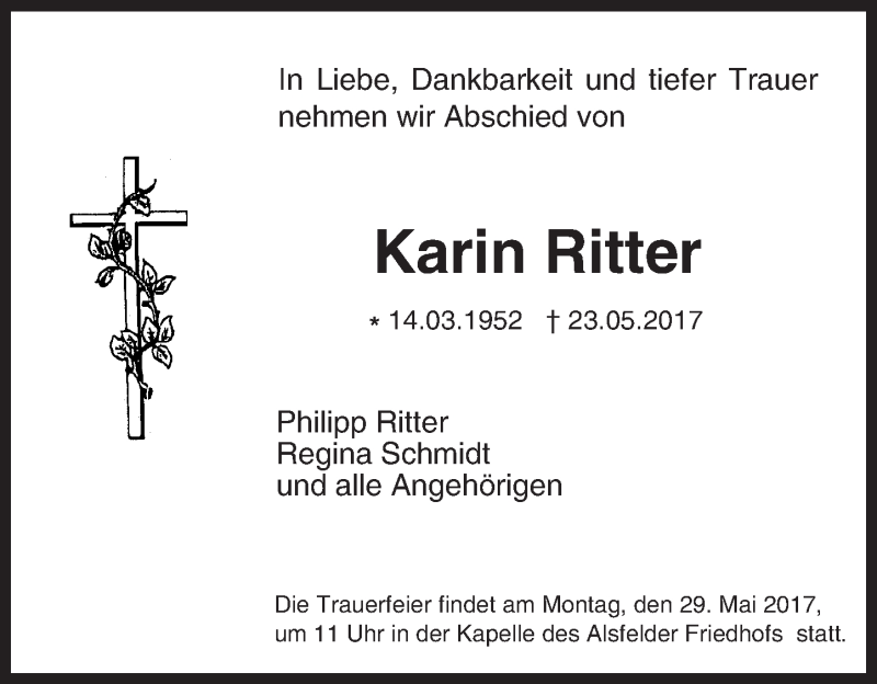  Traueranzeige für Karin Ritter vom 27.05.2017 aus VRM Trauer