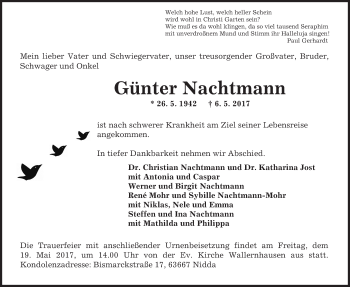 Traueranzeige von Günter Nachtmann von  Kreisanzeiger