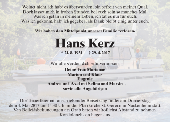 Traueranzeige von Hans Kerz von Trauerportal Rhein Main Presse