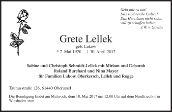 Traueranzeige von Grete Lellek von Trauerportal Rhein Main Presse