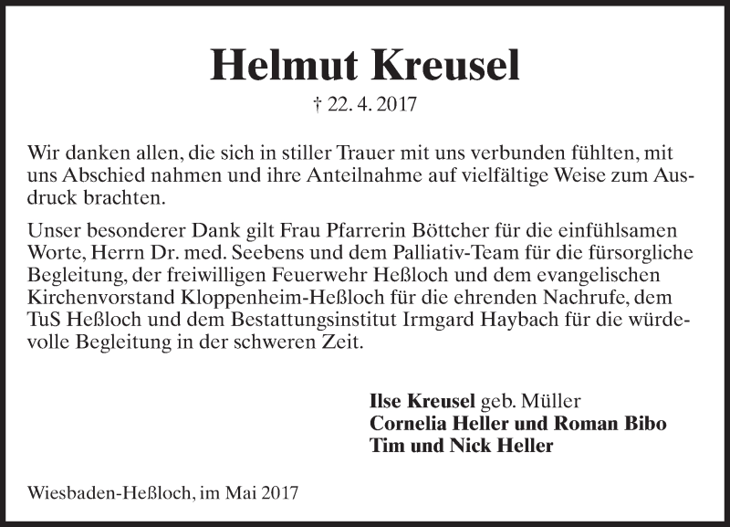  Traueranzeige für Helmut Kreusel vom 20.05.2017 aus Trauerportal Rhein Main Presse