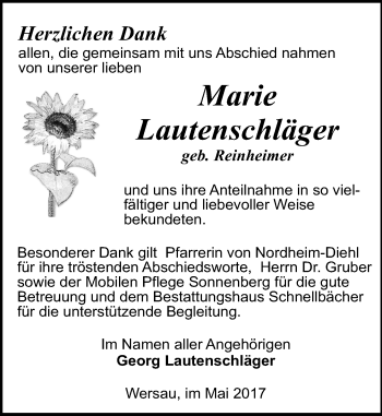Traueranzeige von Marie Lautenschläger von Trauerportal Echo Online