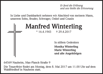 Traueranzeige von Manfred Winterling von Trauerportal Echo Online