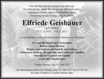 Traueranzeige von Elfriede Geisbauer von VRM Trauer