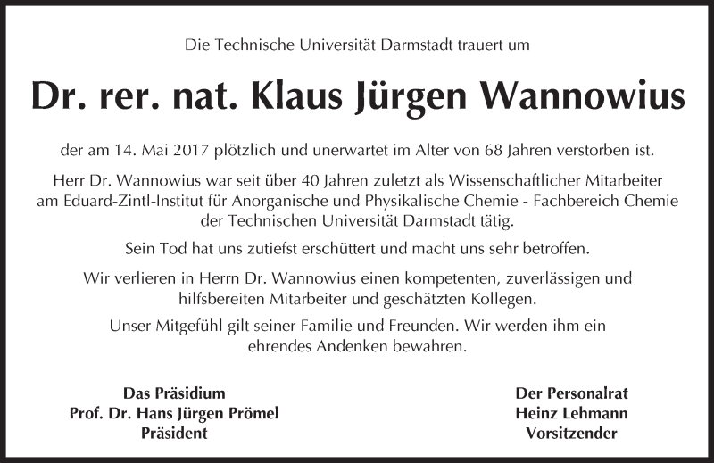 Traueranzeige für Klaus Jürgen Wannowius vom 27.05.2017 aus Trauerportal Echo Online