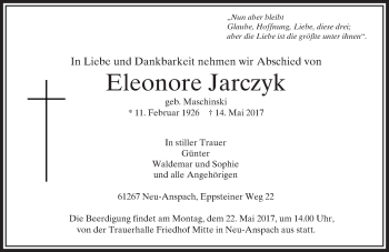 Traueranzeige von Eleonore Jarczyk von  Usinger Anzeiger