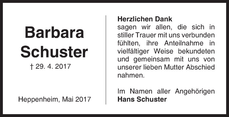  Traueranzeige für Barbara Schuster vom 26.05.2017 aus Trauerportal Echo Online