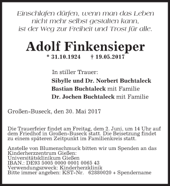 Traueranzeige von Adolf Finkensieper von  Gießener Anzeiger