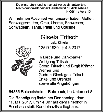 Traueranzeige von Gisela Tritsch von Trauerportal Echo Online