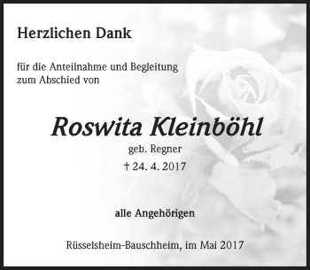 Traueranzeige von Roswita Kleinböhl von Trauerportal Rhein Main Presse
