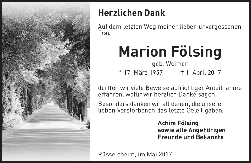  Traueranzeige für Marion Fölsing vom 13.05.2017 aus Trauerportal Rhein Main Presse