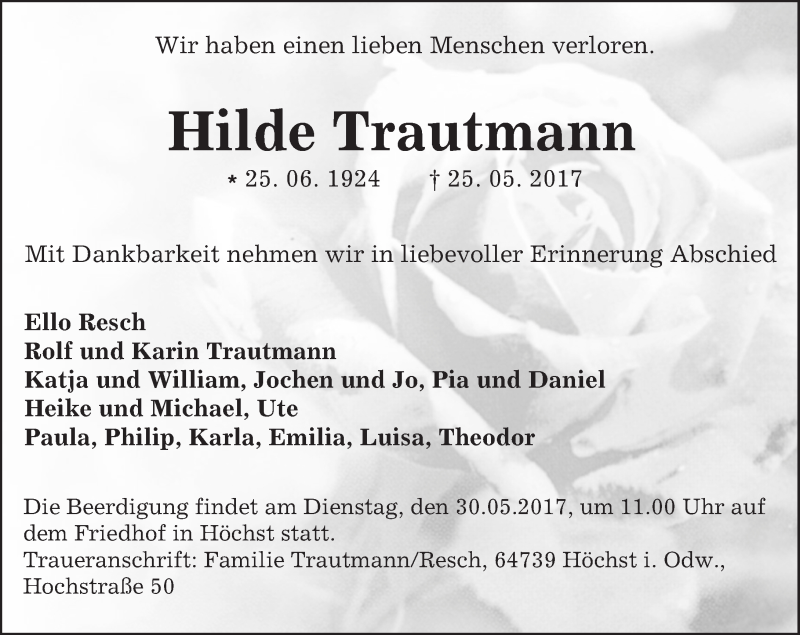  Traueranzeige für Hilde Trautmann vom 27.05.2017 aus Trauerportal Echo Online