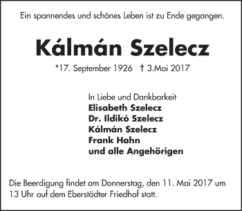 Traueranzeige von Kálmán Szelecz von Trauerportal Echo Online