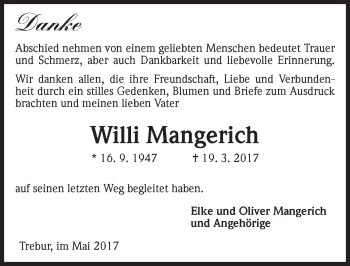 Traueranzeige von Willi Mangerich von Trauerportal Rhein Main Presse