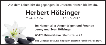 Traueranzeige von Herbert Hölzinger von Trauerportal Rhein Main Presse