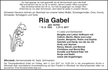 Traueranzeige von Ria Gabel von Trauerportal Rhein Main Presse