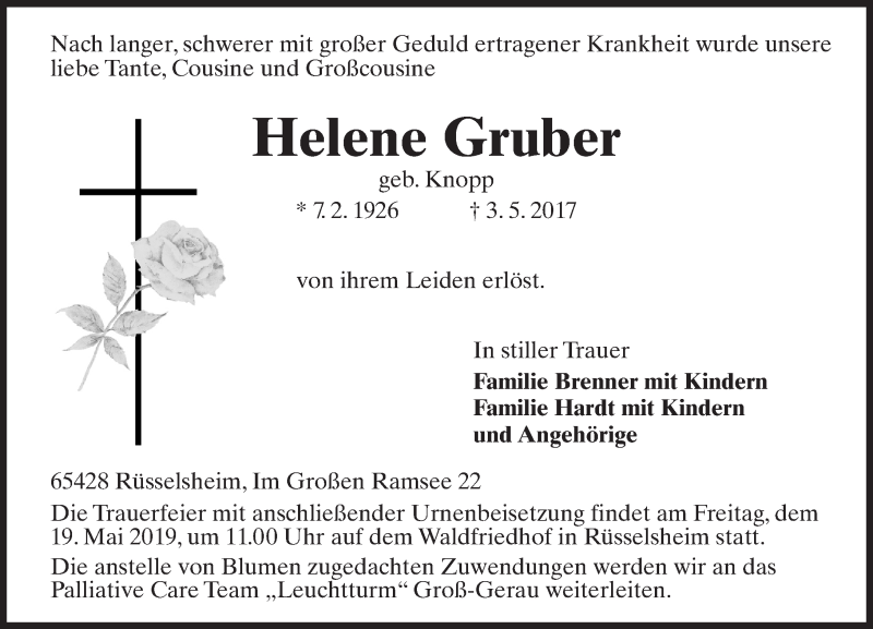  Traueranzeige für Helene Gruber vom 13.05.2017 aus Trauerportal Rhein Main Presse