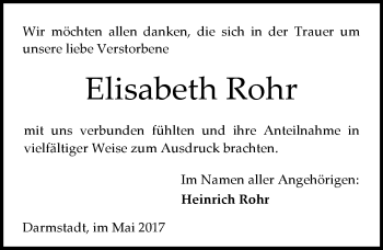 Traueranzeige von Elisabeth Rohr von Trauerportal Echo Online