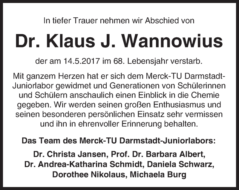  Traueranzeige für Klaus J. Wannowius vom 27.05.2017 aus Trauerportal Echo Online