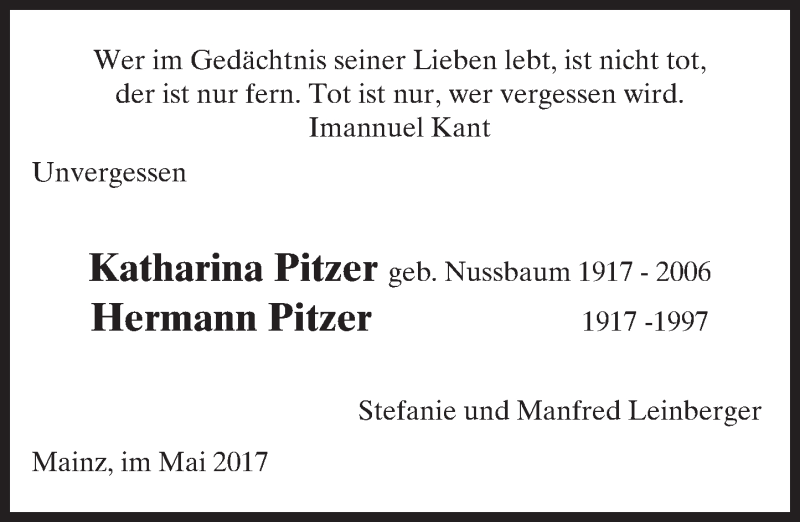  Traueranzeige für Katharina und Hermann Pitzer vom 26.05.2017 aus Trauerportal Rhein Main Presse