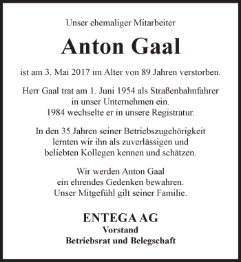 Traueranzeige von Anton Gaal von Trauerportal Echo Online