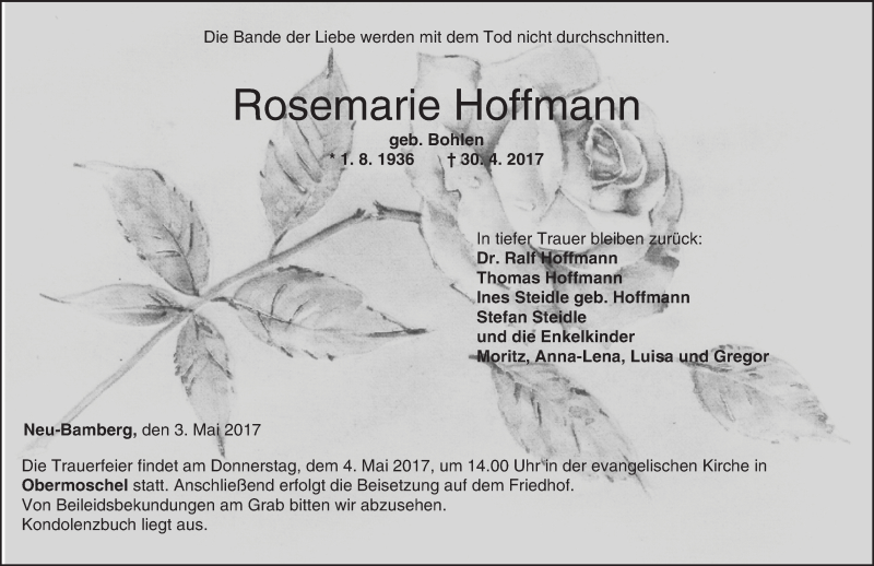  Traueranzeige für Rosemarie Hoffmann vom 03.05.2017 aus Trauerportal Rhein Main Presse
