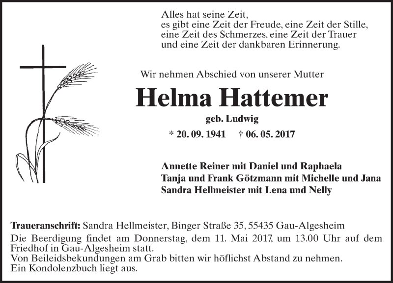  Traueranzeige für Helma Hattemer vom 09.05.2017 aus Trauerportal Rhein Main Presse