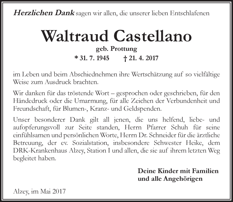  Traueranzeige für Waltraud Castellano vom 20.05.2017 aus Trauerportal Rhein Main Presse