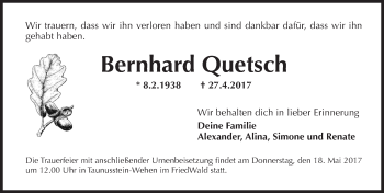 Traueranzeige von Bernhard Quetsch von Trauerportal Rhein Main Presse