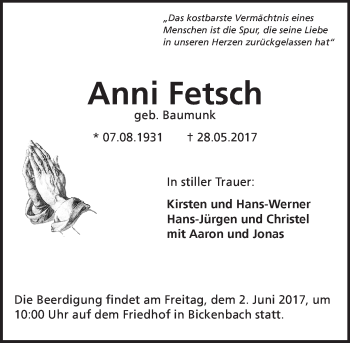 Traueranzeige von Anni Fetsch von Trauerportal Echo Online