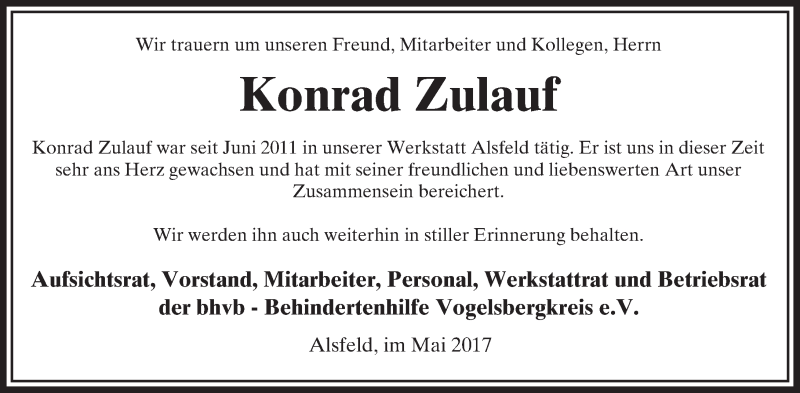  Traueranzeige für Konrad Zulauf vom 19.05.2017 aus VRM Trauer
