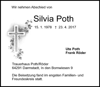 Traueranzeige von Silvia Poth von Trauerportal Echo Online