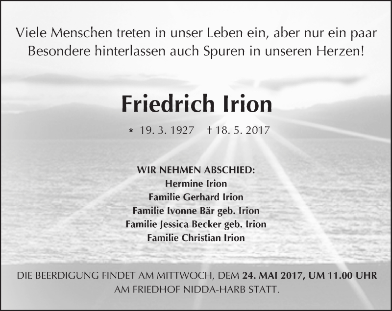  Traueranzeige für Friedrich Irion vom 20.05.2017 aus  Kreisanzeiger